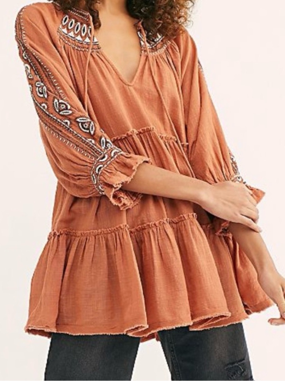 Free People Dreamweaver Embroidered Tunic Cotton Gauze Terracotta Boho Small